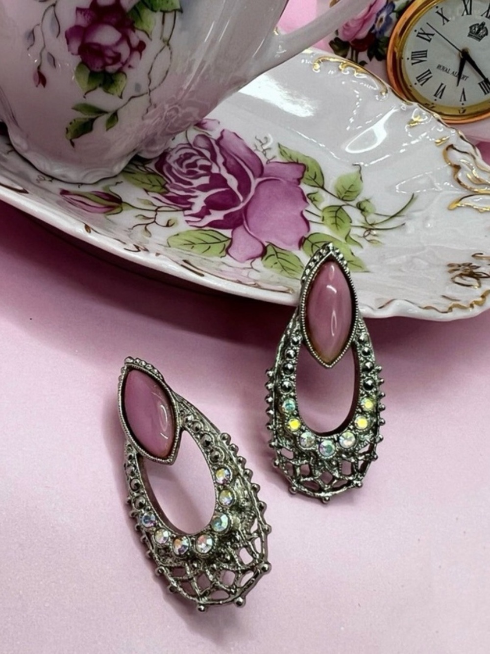 Vintage Pink Nanette Resin Aurora Borealis Rhinestone Earrings